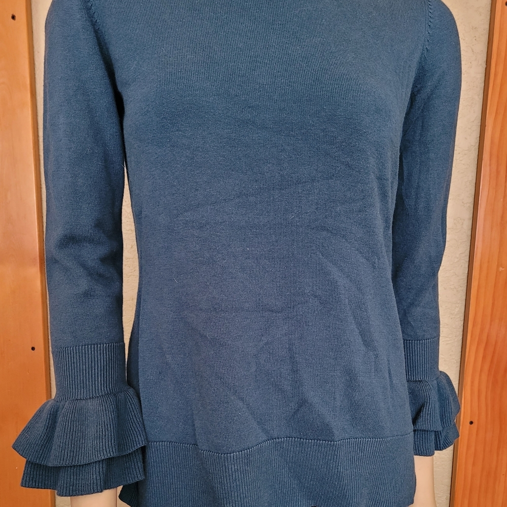 Isaac Mizrahi Live Sz. XS Women's Sweater Deep Teal Ruffle Sleeve Crew Neck